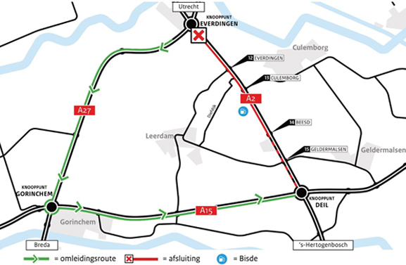 Komend weekend afsluiting A2 tussen knooppunten Everdingen en Deil