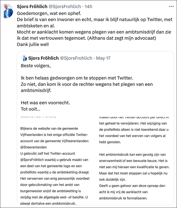 Burgemeester Fröhlich stopt niet met Twitter na klacht